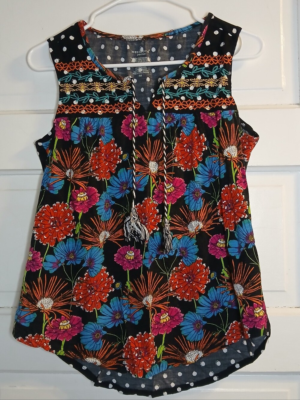 Westbound Petites PM Floral Sleeveless Blouse Embroidered Tassel Boho Top